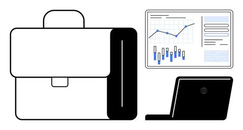 Office Elements with Briefcase, Laptop, and Data Dashboard for Business Ana.. Illustrazione stock