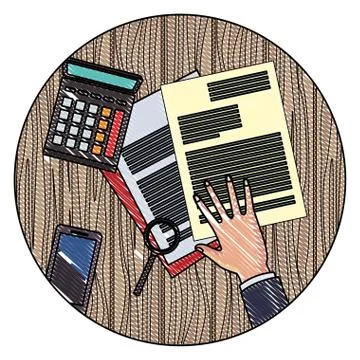 Office elements on desk scribble Stock Illustration