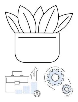 Office Elements Potted Plant, Briefcase, Business Growth Chart, and Gears Stock Illustration