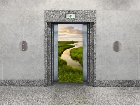 An office elevator-conservation and camping concept: Elevator doors open to Foto stock