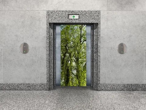 Office elevator-conservation and camping concept: Stark elevator doors open to Stock Photos