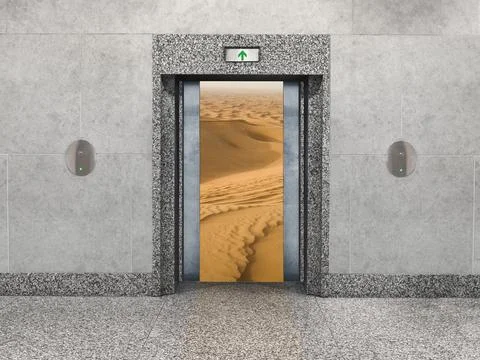 An office elevator-lost and stranded concept: Stark elevator doors open to Stock Photos