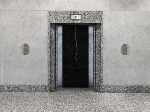 An office elevator-risk concept: Stark elevator doors open to reveal frayed a Foto stock