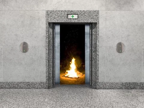 An office elevator-vacation camping concept: Stark elevator doors open to reveal Foto stock