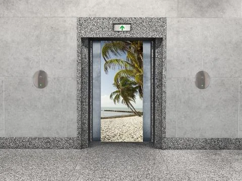 An office elevator-vacation concept: Stark elevator doors open to reveal a Foto stock