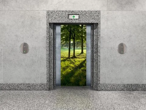 An office elevator-vacation concept: Stark elevator doors open to reveal a Foto stock