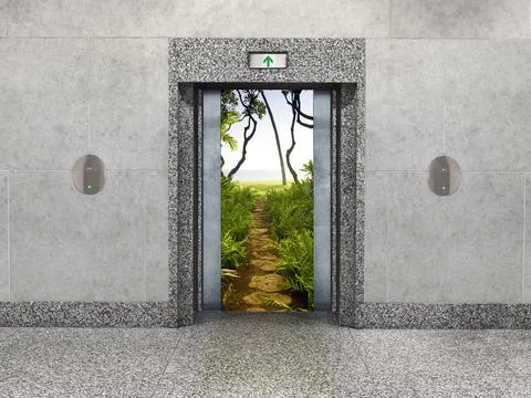 An office elevator-vacation concept: Stark elevator doors open to reveal a dirt Stock Photos