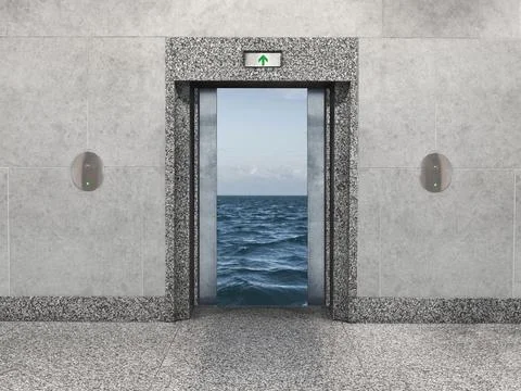 An office elevator-vacation concept: Stark elevator doors open to reveal a calm Stock Photos