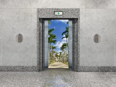 Office elevator-vacation concept: Stark elevator doors open to reveal a paved Foto stock