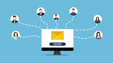 Office email communication system vector. Sending an email to friends concept Stock Illustration
