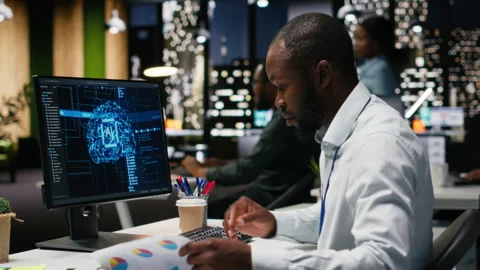 Office employee checking monthly data reports with AI analytics platform Stock Footage 318563374
