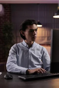 Office employee doing remote work on computer Foto stock