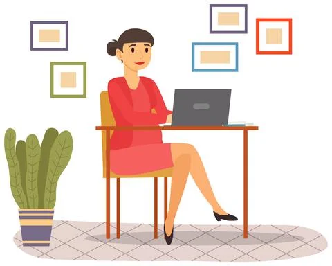 Office employee doing task remotely with computer. Female freelancer working at Stock Illustration