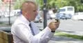 Office Employee Outside Building Working Break Touch Pad Web Search Stay Relax 4k or 4k+ Resolution