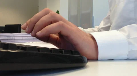 Office employee work on computer keyboard, get up, leave, return, chair rotate Stock Footage 37860385