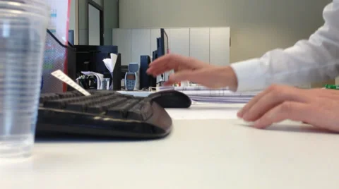 Office employee work on computer keyboard, get up, leave, return, chair rotate Stock Footage 37860921