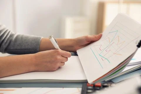 Office employee working with documents at table, closeup Stock Photos