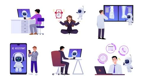 Office employees with computer, smartphone working with chat bot, AI robotic Stock Illustration