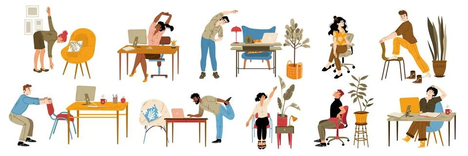 Office employees exercise at work, stretch at desk Stockillustratie
