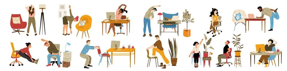 Office employees exercise at work, stretch at desk Stockillustratie