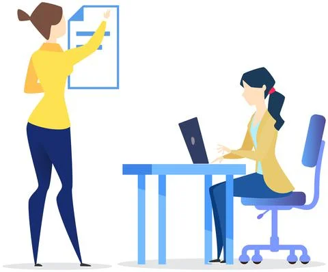 Office employees work with computer, technology. Workers doing tasks, coworking Stock Illustration