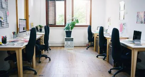 Office, empty and interior for workspace, creative agency or design studio for Stock Photos