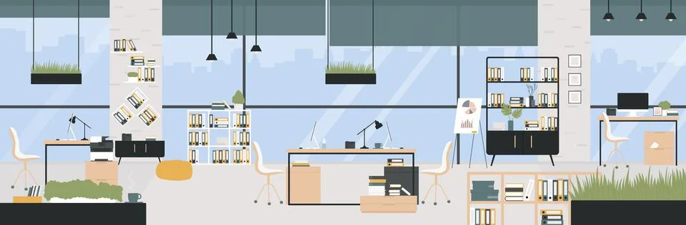 Office empty room interior, panoramic window and green plant, computer desk and Stock Illustration