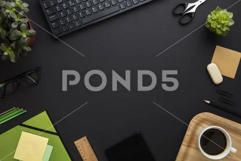 Office Equipment And Computer Keyboard Arranged On Gray Desk Stock Photos