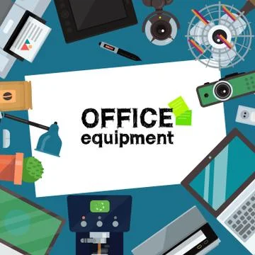 Office equipment banner, poster vector illustration. Gadgets and tools for Stock Illustration