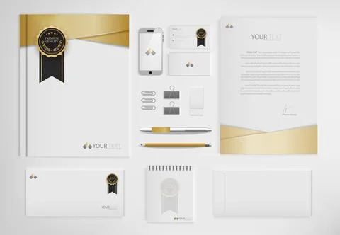 Office equipment kits include notebooks, business cards, pencils, pens, era.. Illustrazione stock