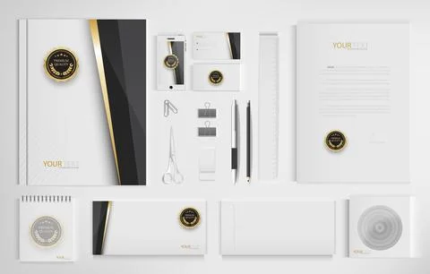 Office equipment kits include notebooks, business cards, pencils, pens, era.. Illustrazione stock