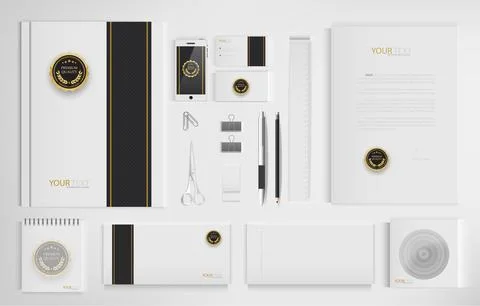 Office equipment kits include notebooks, business cards, pencils, pens, era.. Stock Illustration