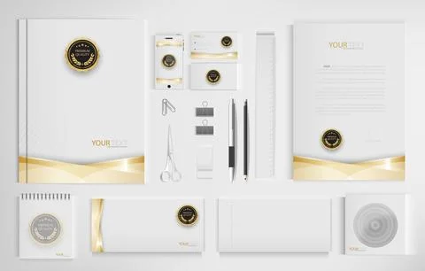 Office equipment kits include notebooks, business cards, pencils, pens, era.. Illustrazione stock