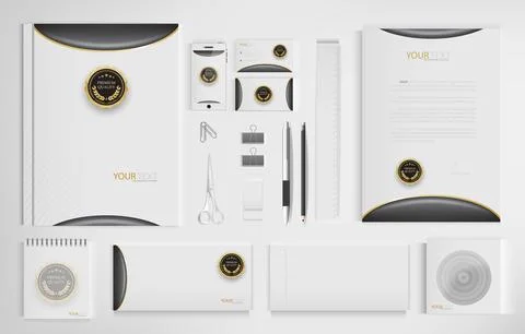 Office equipment kits include notebooks, business cards, pencils, pens, era.. Stock Illustration