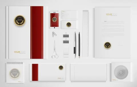 Office equipment kits include notebooks, business cards, pencils, pens, era.. Illustrazione stock