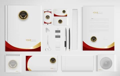 Office equipment kits include notebooks, business cards, pencils, pens, era.. Illustrazione stock