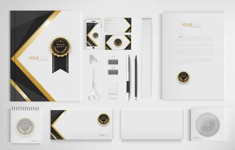 Office equipment kits include notebooks, business cards, pencils, pens, era.. Illustrazione stock
