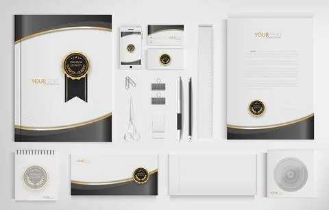 Office equipment kits include notebooks, business cards, pencils, pens, era.. Illustrazione stock
