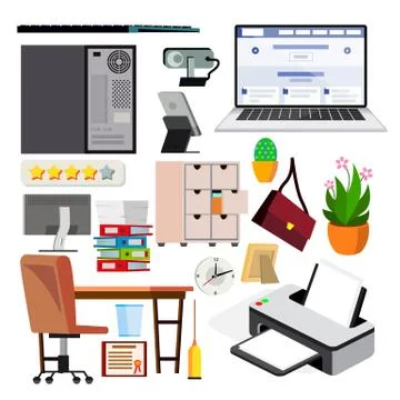 Office Equipment Set Vector. Computer, Laptop, Monitor. Icons. Business Ilustração Stock