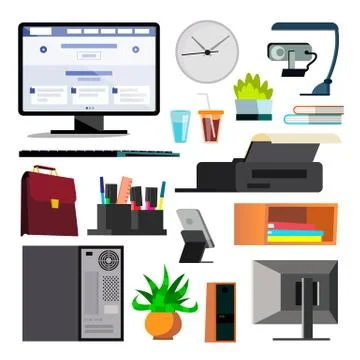 Office Equipment Set Vector. Keyboard, Electronics Digital Items. Icons Stock Illustration