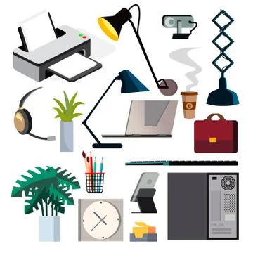 Office Equipment Set Vector. PC, Smartphone, Printer. Icons. Business Workplace Stock Illustration