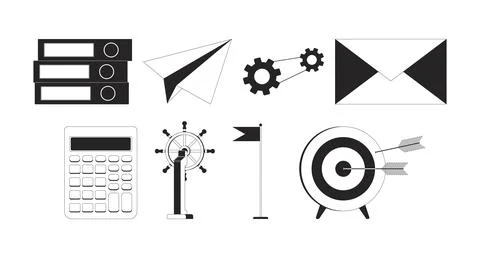 Office essentials black and white 2D line cartoon objects set Stock Illustration