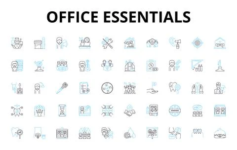 Office essentials linear icons set. Desk, Chair, Computer, Pen, Notebook 스톡 일러스트