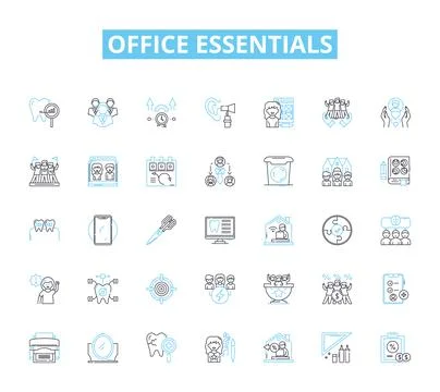 Office essentials linear icons set. Desk, Chair, Computer, Pen, Notebook 스톡 일러스트