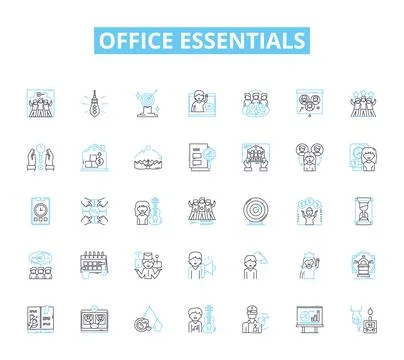 Office essentials linear icons set. Desk, Chair, Computer, Pen, Notebook 스톡 일러스트