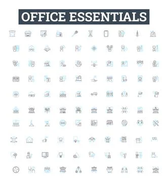 Office essentials vector line icons set. Desk, Chair, Pens, Printer, Paper Stock Illustration