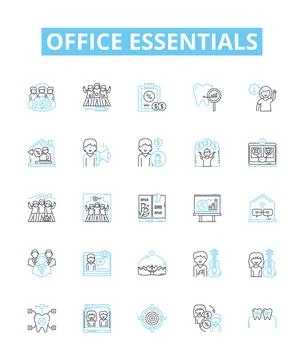 Office essentials vector line icons set. Desk, Chair, Pens, Printer, Paper Illustrazione stock