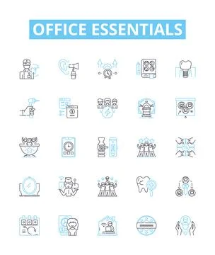 Office essentials vector line icons set. Desk, Chair, Pens, Printer, Paper Stock Illustration