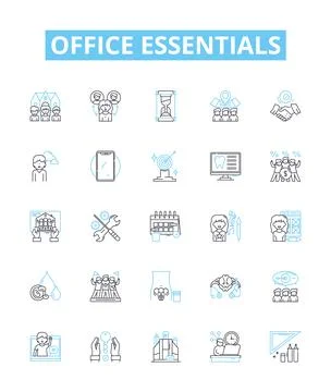 Office essentials vector line icons set. Desk, Chair, Pens, Printer, Paper Stock Illustration