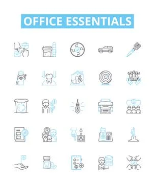 Office essentials vector line icons set. Desk, Chair, Pens, Printer, Paper Stock Illustration